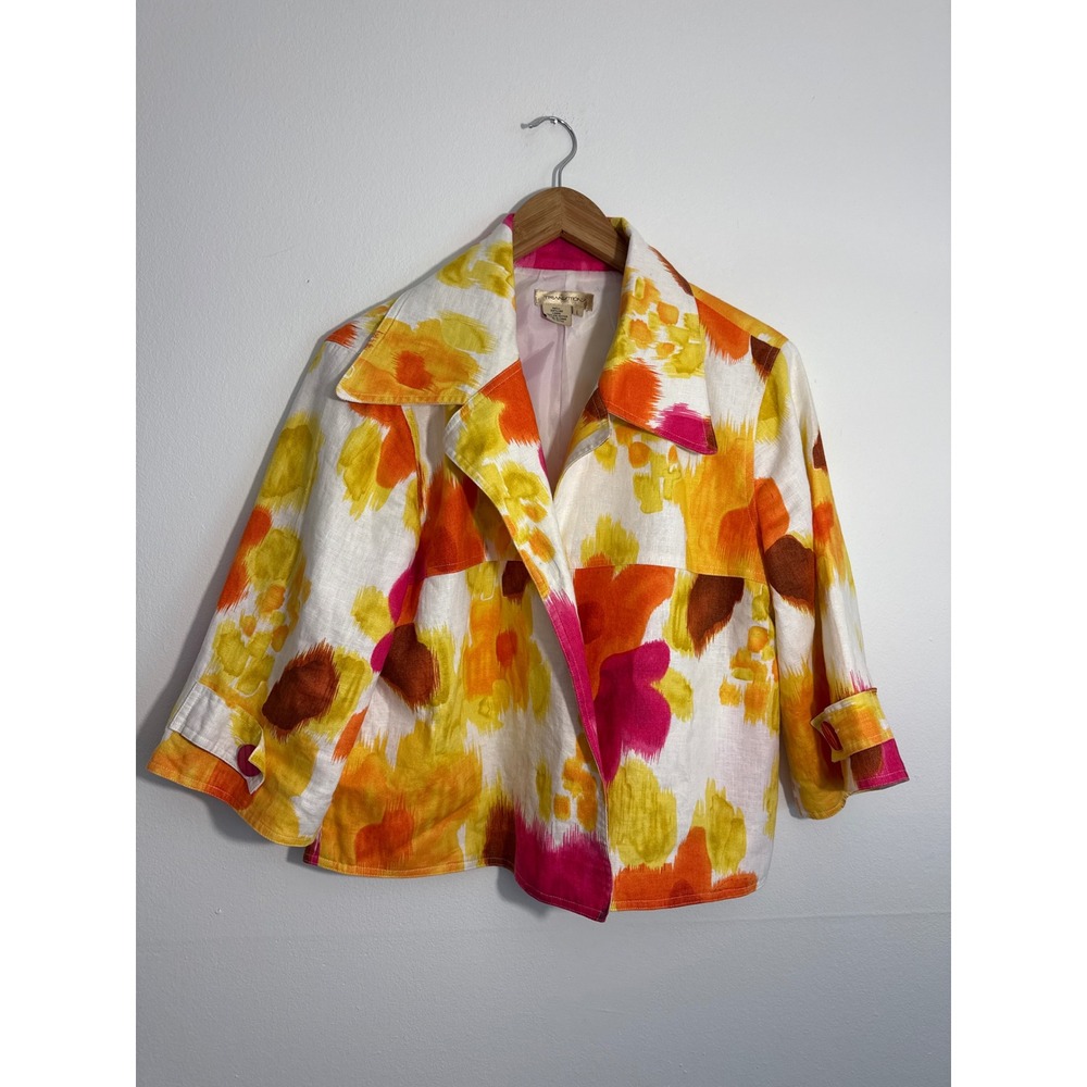 Transitions Linen Jacket Womens Large Orange Yellow Pink Abstract Floral Print